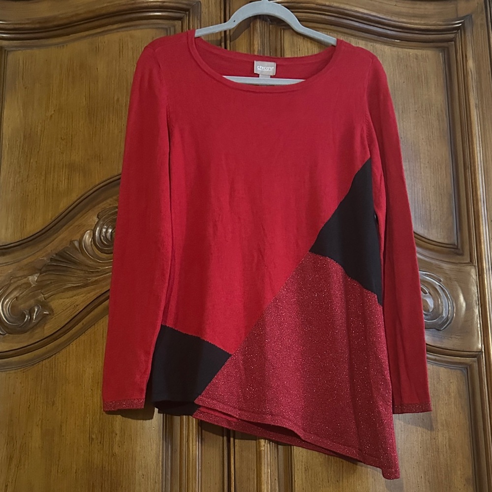 Chico's Red and Black Long Sleeve Asymmetrical Top